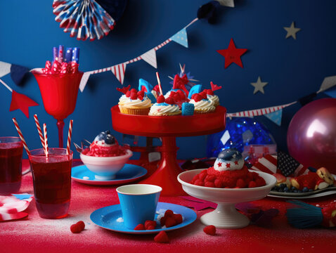 Table set for 4th of July celebration with cupcakes and decorations.