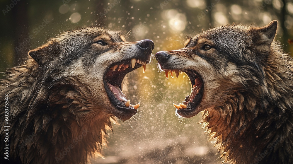 Wall mural generative ai image of two alpha male wolves in a fight with each other to defend their pack.