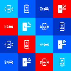 Set Smart car alarm system, Mobile and face recognition, and Digital door lock with wireless icon. Vector