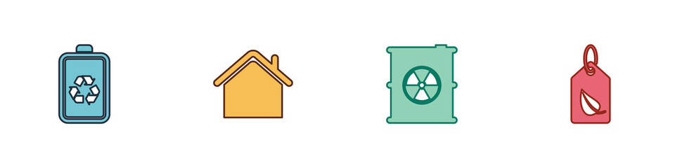 Set Battery with recycle, House, Radioactive waste in barrel and Tag leaf icon. Vector