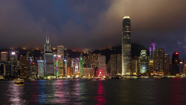 4K Time lapse Panoramic view of Hong Kong City during day to night. View of financial district high-rise and residential buildings lighting up after sunset from Victoria harbour Observation.