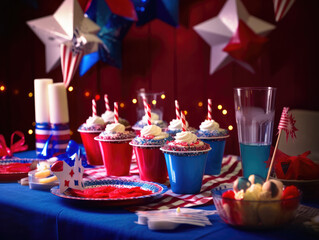Obraz na płótnie Canvas Cupcakes for 4th of July celebration on a blue tablecloth