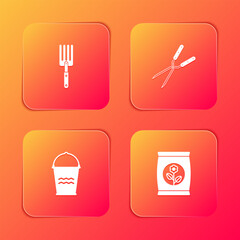 Set Garden fork, Gardening handmade scissor, Bucket and Fertilizer bag icon. Vector
