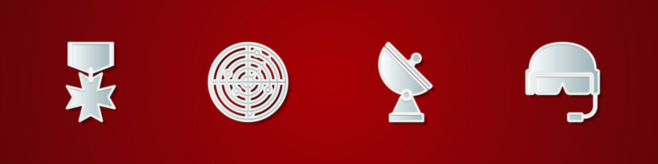 Set Military reward medal, Radar with targets, and helmet icon. Vector
