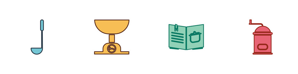 Set Kitchen ladle, Electronic scales, Cookbook and Manual coffee grinder icon. Vector