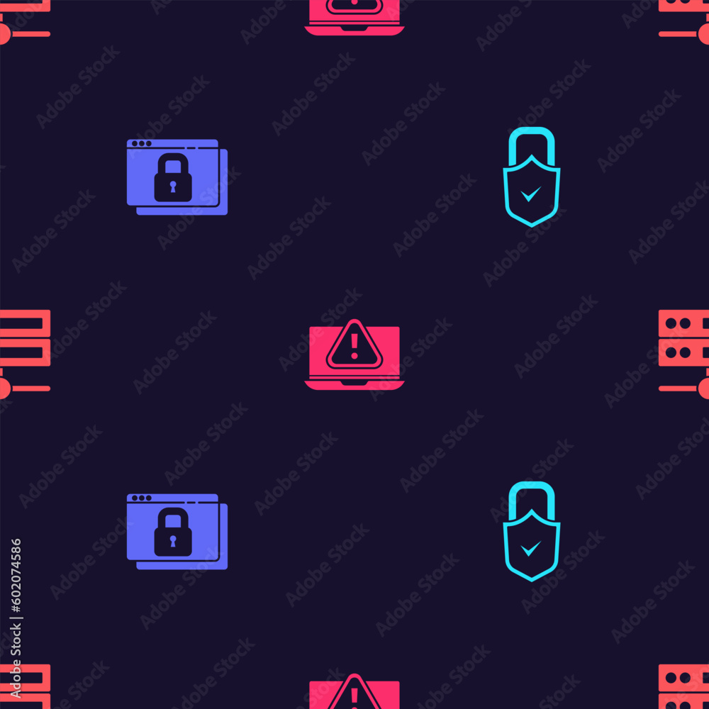 Poster set lock and check mark, secure your site with https, ssl, laptop exclamation and server, data, web 