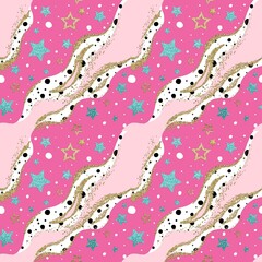 SEAMLESS PATERN DIAGONAL ABSTRACT STRIPES WITH STARS AND GOLD GLITTER ON PINK BACKGROUND