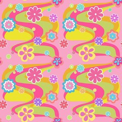 RETRO VINTAGE 60'S STYLE DESIGN SEAMLESS PATTERN IN COLORFUL TONES AND VINTAGE FLOWERS SEAMLESS PATTERN ON PINK BACKGROUND 
