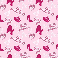 GIRLY PINK SEAMLESS PATTERN FOR GIRLS , GIRLY ICONS PATTERN WITH FUNNY GIRLY CUTE QUOTES FOR GIRLS ON PINK BACKGROUND