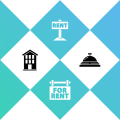 Set House, Hanging sign with For Rent, and Hotel service bell icon. Vector