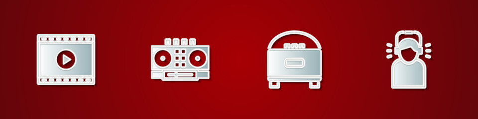 Set Online play video, DJ remote and mixing music, Stereo speaker and Man headphones icon. Vector