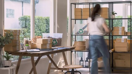 Time lapse asia ecommerce home office of Net zero waste Go green vendor online shop small store. Smart seller SME owner young woman asian people busy packing order work in eco friendly packaging box.