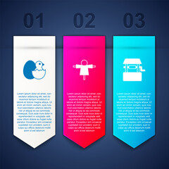 Set Little chick in cracked egg, Scarecrow and Well. Business infographic template. Vector