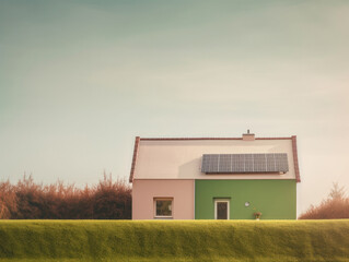 Obraz premium House with solar panels on the roof and green grass in the background