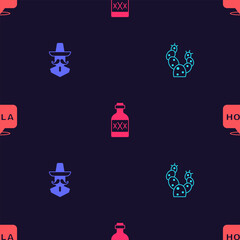 Set Cactus, Mexican man sombrero, Tequila bottle and Hola on seamless pattern. Vector © vector_v