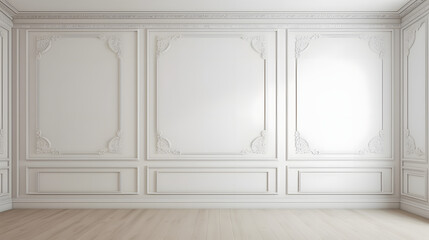 White wall with classic style mouldings and wooden floor, empty room interior, 3d render