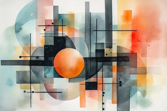 abstract watercolor painting with bold geometric shapes and contrasting colors, representing the tension and balance of opposing forces - Generative AI