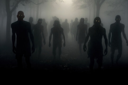 Silhouette of a horde of zombies walking towards the camera out of the mist. Generative ai