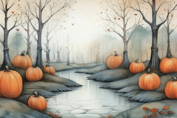Watercolour pencil illustration of a spooky Halloween landscape with pumpkins and a small river. The misty and foggy forest with a melancholic mood. Generative AI