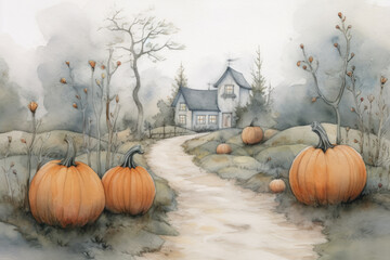 Watercolour pencil illustration of a spooky Halloween landscape with pumpkins and abandon house. The misty and foggy forest with a melancholic mood. Generative AI