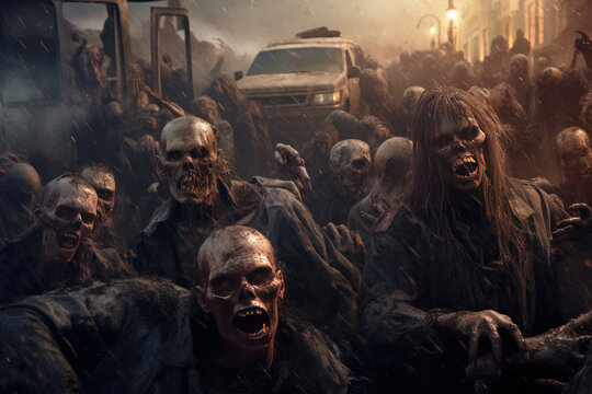 A zombie horde of undead attacking. Generative ai