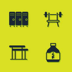 Set Locker or changing room, Sports nutrition, Uneven bars and Bench with barbell icon. Vector