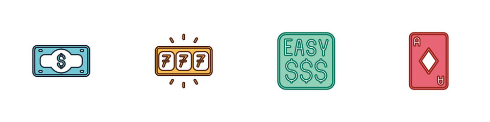 Set Stacks paper money cash, Slot machine with jackpot, Money prize casino and Playing card diamonds icon. Vector