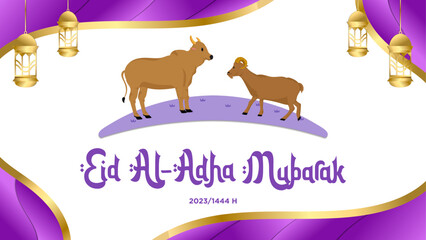 Banner template purple with theme of Happy Eid al-Adha 2023 with cute animal