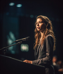 The successful female leader takes the stage as a keynote speaker at a prestigious industry conference. Woman's power and strength. AI-generated image