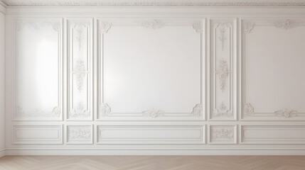 White wall with classic style mouldings and wooden floor, empty room interior.