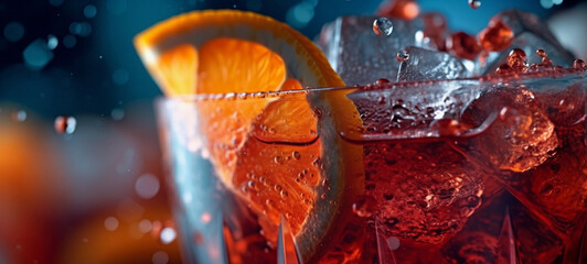 Negroni drink, made from one part gin, one part vermouth rosso, and one part Campari, garnished with orange peel. Generative AI.