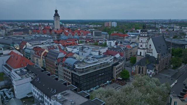 Drone shot of leipzig Stadtbezirk Mitte district at dusk . located in the center of the city ( Inner Stadt ) . It includes numerous architectural monuments.