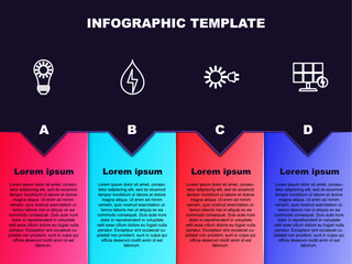 Set line Solar energy panel, Water, Sun with electric plug and . Business infographic template. Vector