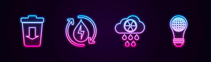 Set line Send to the trash, Recycle clean aqua, Acid rain and radioactive cloud and Light bulb with world globe. Glowing neon icon. Vector
