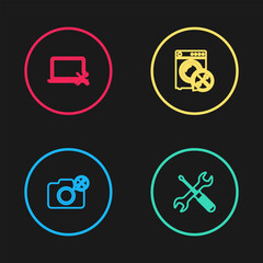 Set line Photo camera service, Crossed screwdriver and wrench, Washer and Laptop icon. Vector