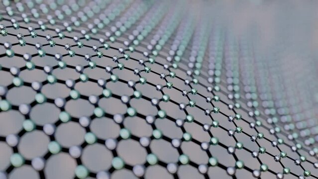 graphene carbon seamless looping waving animation as procedural 3d modeling consisting of a single layer of atoms arranged in a hexagonal lattice nanostructure. allotrope of carbon. nanotechnology
