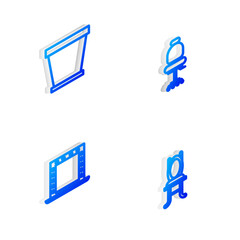 Set Isometric line Office chair, Flower pot, Makeup mirror with lights and Chair icon. Vector