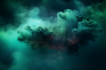 Color mist, resembling an ink in water, creates a haze texture against a dark black background.