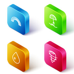 Set Isometric line Rainbow, Sun protective umbrella for beach, Water drop and Tornado icon. Vector