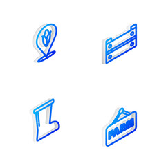 Set Isometric line Wooden box, Location corn, Waterproof rubber boot and Signboard with text Farm icon. Vector
