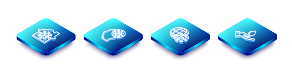 Set Isometric line Stay home, Human and virus, Earth globe with and Washing hands soap icon. Vector