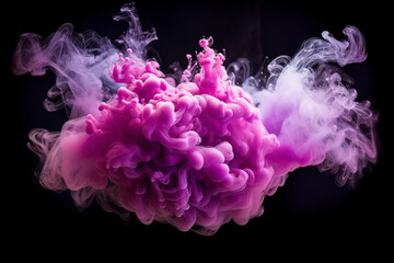 Fluid splash, similar to color vapor or ink in water. The explosion of pink and purple glowing glitter particles forms a mesmerizing smoke cloud against a dark black background.