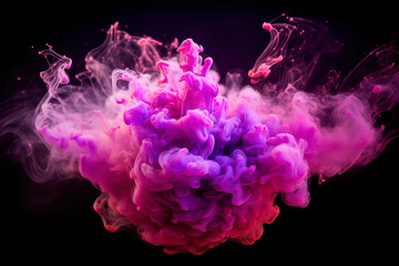 Fluid splash, similar to color vapor or ink in water. The explosion of pink and purple glowing glitter particles forms a mesmerizing smoke cloud against a dark black background.