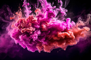 Fluid splash, similar to color vapor or ink in water. The explosion of pink and purple glowing glitter particles forms a mesmerizing smoke cloud against a dark black background.