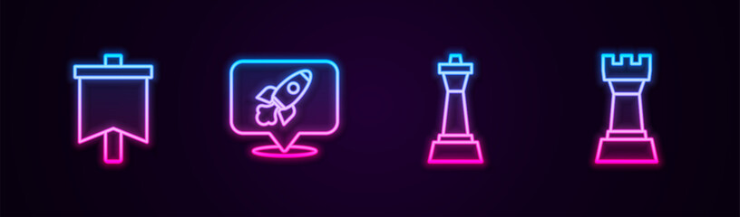 Set line Flag, Rocket ship, Chess and . Glowing neon icon. Vector