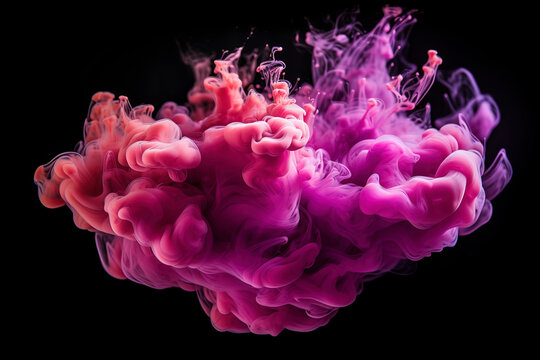 Fluid splash, similar to color vapor or ink in water. The explosion of pink and purple glowing glitter particles forms a mesmerizing smoke cloud against a dark black background.