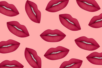 Women's lips. Sensual and seductive female lips with dark red lipstick on a pastel pink background. Cosmetics and beauty concept	