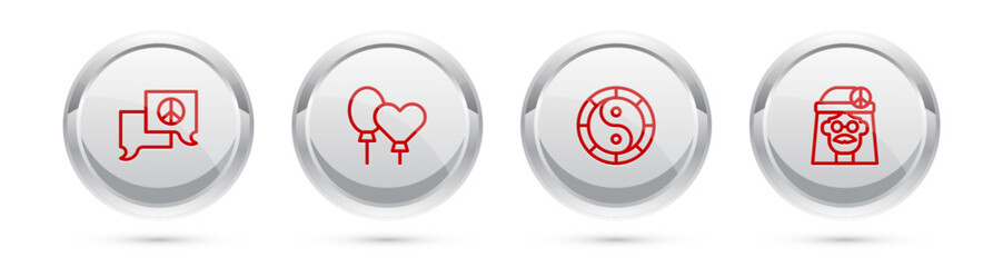 Set line Speech bubble chat, Balloons, Yin Yang symbol and Hippie girl. Silver circle button. Vector