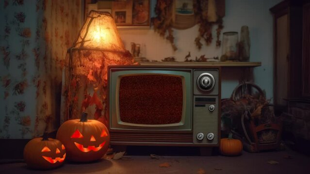 Tv with screen interference, halloween, pumpkins, flickering lamp, autumn mystical interior, seamless screensaver.