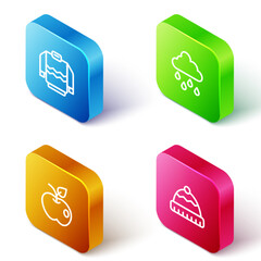 Set Isometric line Sweater, Cloud with rain, Apple and Winter hat icon. Vector